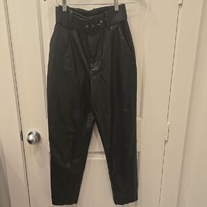 Zara Black Faux Leather Belted Pants, Waist 24 Inch.